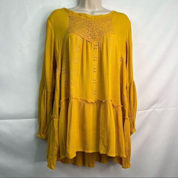 Adiva Mustard Gold Ruffled Boho Long sleeve tunic gauze top - Picture 2 of 16